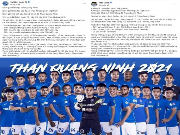 Bóng đá VN 23/8: Cầu thủ CLB Quảng Ninh lên tiếng vì bị nợ lương Bóng đá VN 23/8: Cầu thủ CLB Quảng Ninh lên tiếng vì bị nợ lương